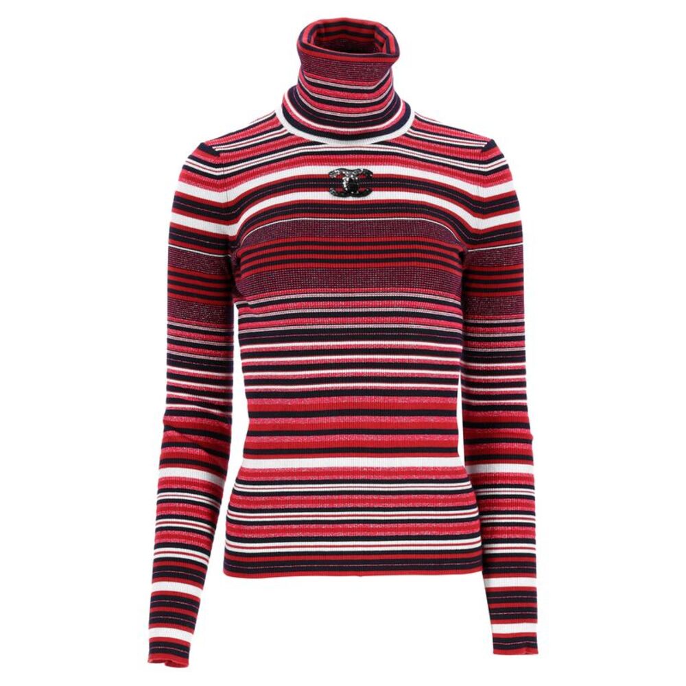 Chanel CC-Embellished Striped Turtleneck Sweater in Red Wool